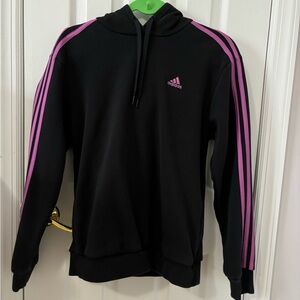 Black Adidas hoodie with pink sleeve stripes